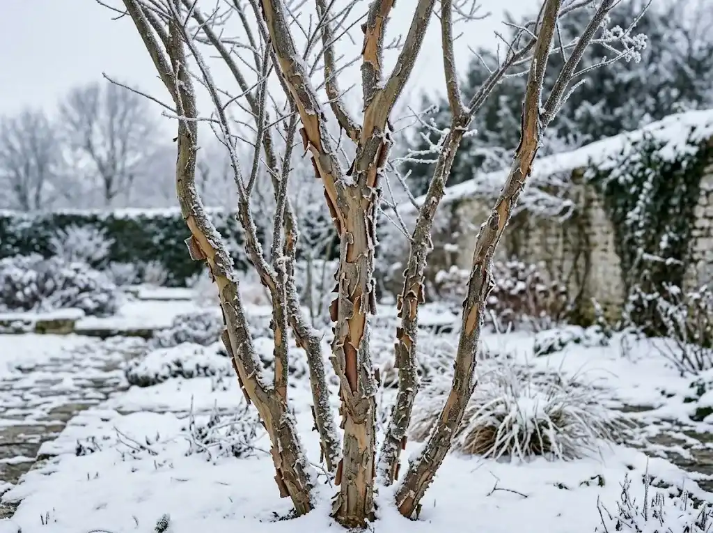Paillage hivernal au pied d'un lilas des Indes pour protection contre le gel