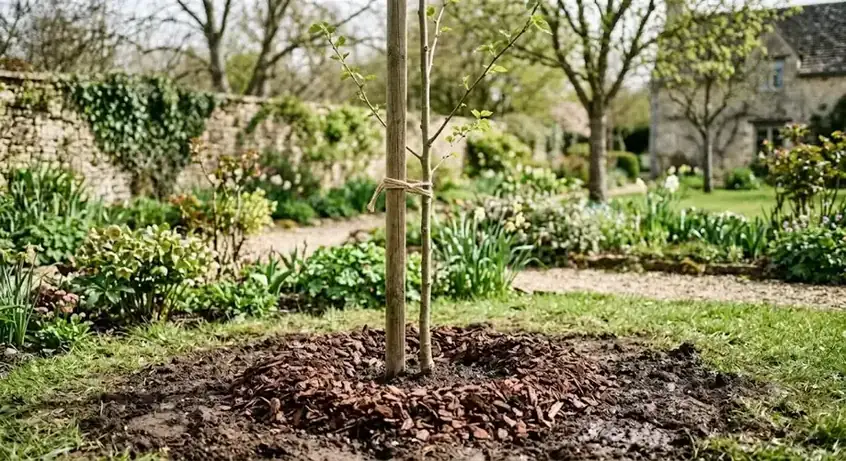 Jeune mûrier platane planté, tuteuré et paillé au pied