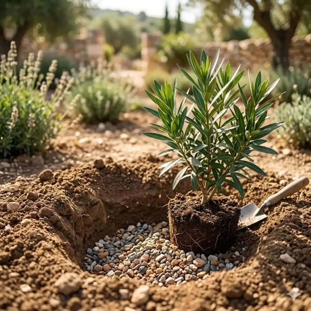 Plantation d'un jeune laurier rose dans un sol drainé avec graviers, jardin méditerranéen ensoleillé