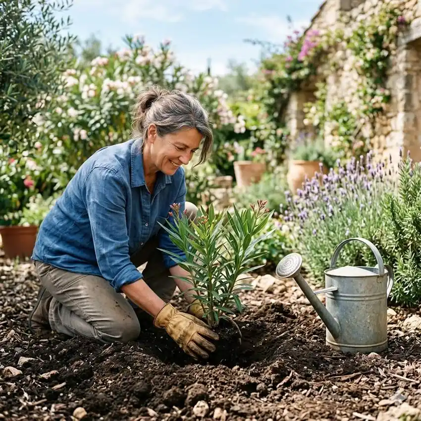 Plantation d'un jeune laurier rose au printemps dans un jardin méditerranéen ensoleillé