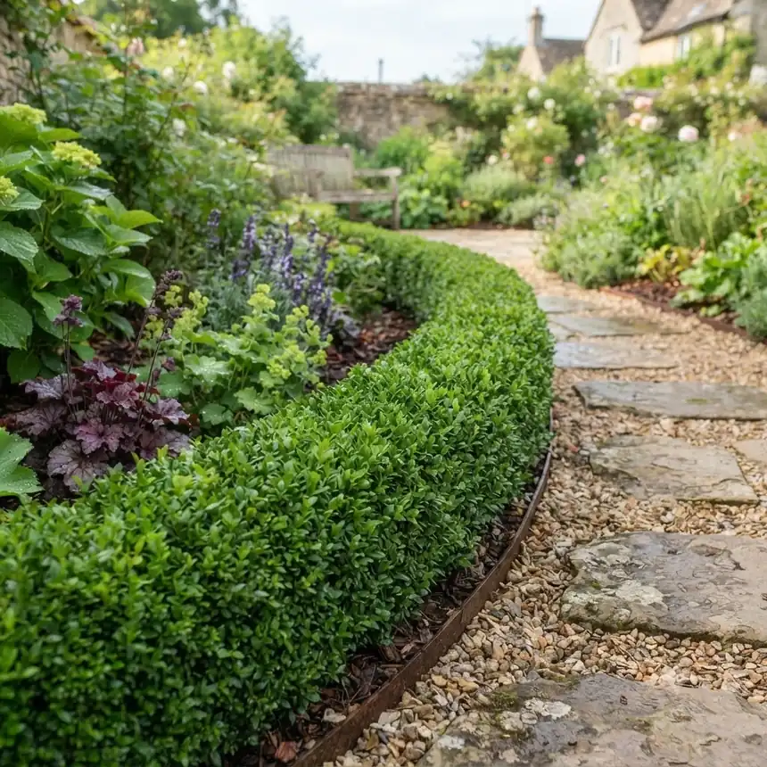 Bordure persistante taillée le long d'une allée, alternative au buis