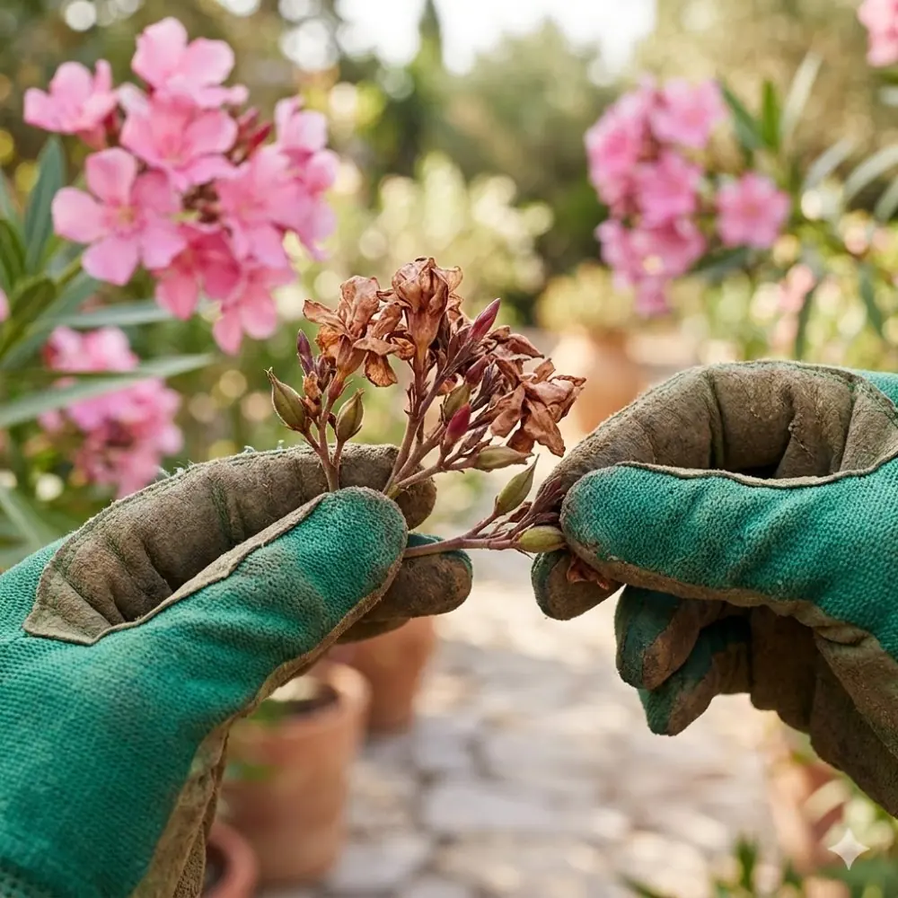 Main gantée retirant les fleurs fanées d'un laurier rose pour prolonger la floraison