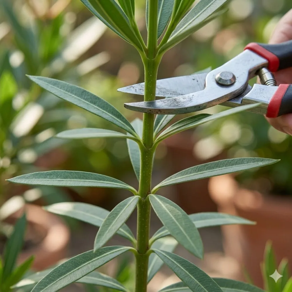 Gros plan d'une tige de laurier rose montrant les feuilles par trois (verticille) et un sécateur coupant juste au-dessus