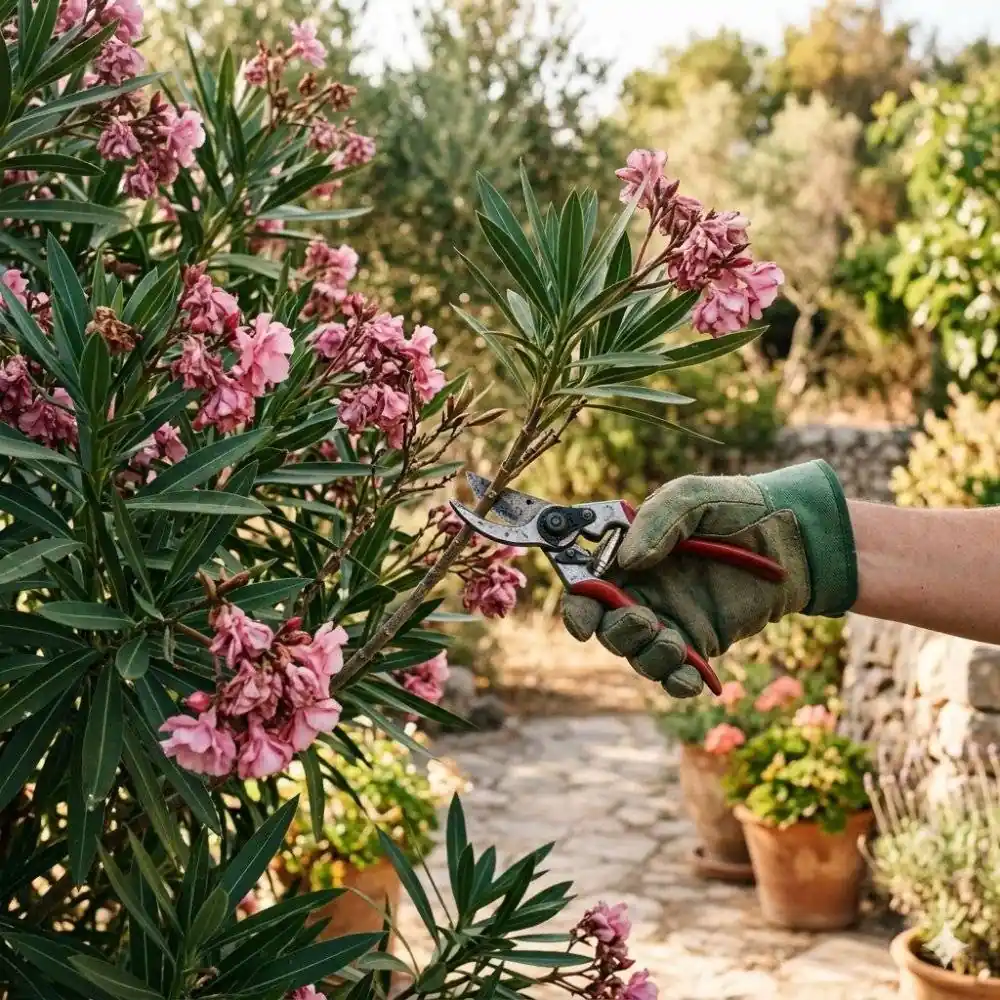 Main gantée taillant un laurier rose à fleurs roses au sécateur, juste après la floraison, jardin méditerranéen